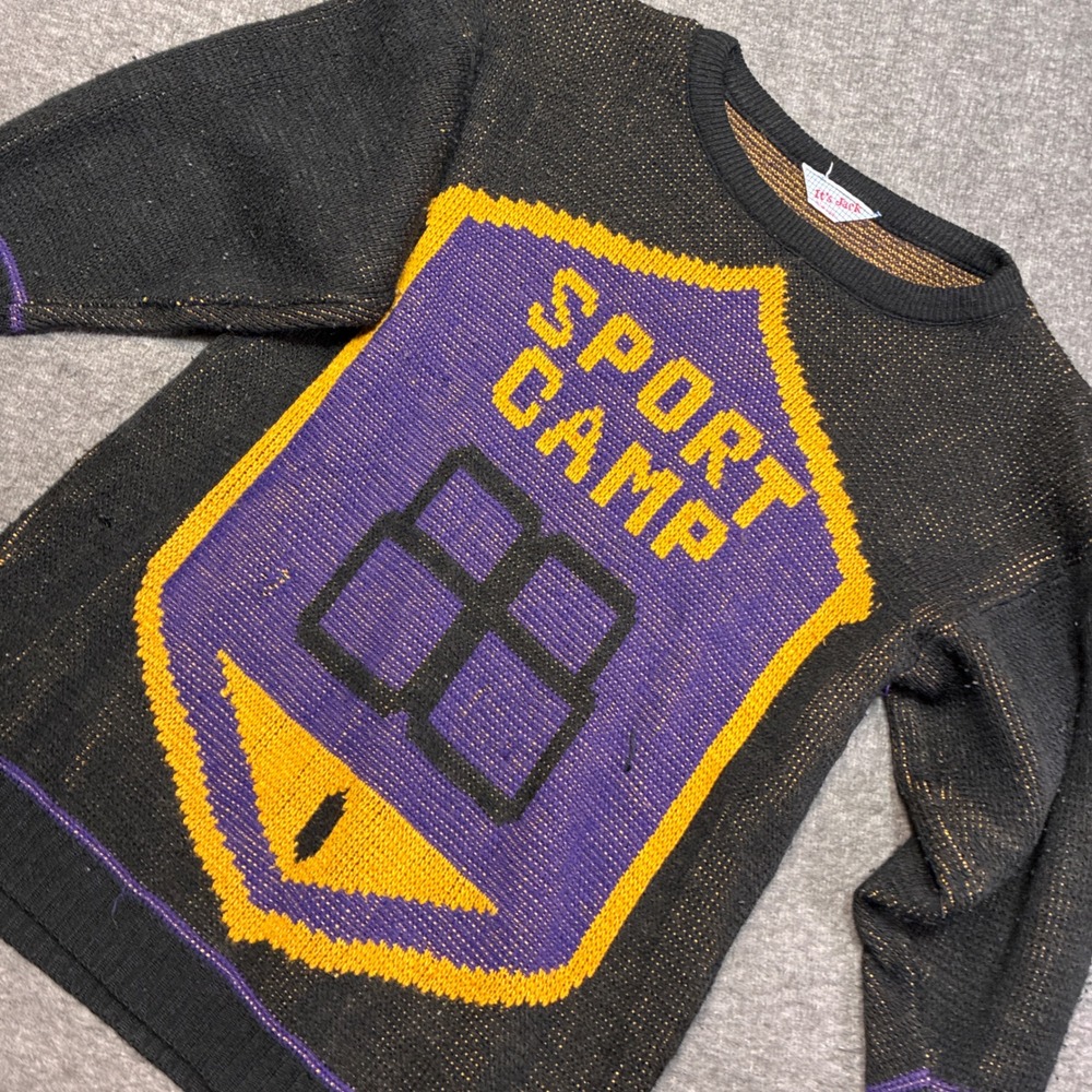 It's Jack Sport Camp Sweater‎ Women XL Black Purple Yellow Vintage Knit 80s